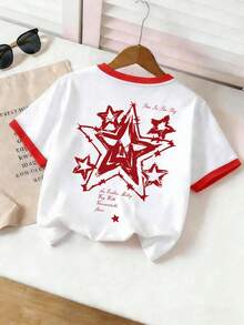 Girls' Round Neck T-Shirt & Shorts Set, Star Print Short Sleeve Tee & Shorts, Comfortable Minimalist Design, Suitable For Spring/Summer - Multicolor - View 4