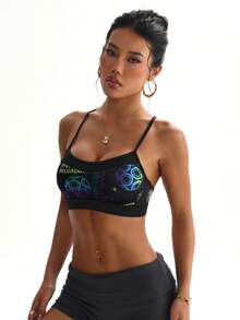Women's Fashion Solid Color Letter Print Removable Padded Racerback Sports Bra - Multicolor - View 4