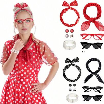 复古 1950 年代服装配饰套装，适合角色扮演派对：波点耳环、发箍、眼镜 - 完美适用于复古主题派对和活动