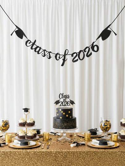 2 Sets 2026 Graduation Decorations, Black & Gold Glitter Graduation Banner, 2026 Graduation Party Decorations, Black & Gold Glitter Banner, Pennant Flags, Hanging Graduation Caps, Suitable For Graduation Celebration Party