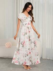 女士春夏优雅随机粉色碎花中长连衣裙 – 褶皱修身，休闲假日优雅风 - 杏色 - 查看 5