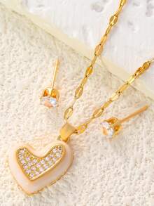 1 Set de collar y aretes con corazón de cobre y circonita esmaltada, opción de regalo elegante para ir al trabajo y citas - DM06701 - Ver 1