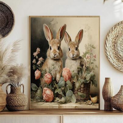 1pc, Canvas Wall Art, Framed Wall Decor, Adorable Rabbit, Peony & Rose Floral Art Print, Rabbit Companion, Gentleman Rabbit, Vintage Bohemian Botanical Print, Dark Aesthetic Wall Art, Couple Gift, Easter Decor, Easter Poster, Seasonal Artwork, Spring Home Decor, Room Decor Aesthetics, Dorm Decor, Bedroom Decor, Living Room Decor, Bathroom Decor, Kitchen Decor, Dining Room Decor, Apartment Decor, College-Style Art