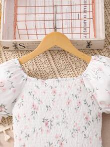 Girls' Long Sleeve Ditsy Floral Dress With Belt, Casual Wear - White - View 4