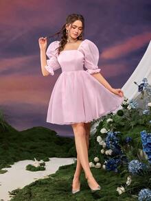 优雅甜美派对纯色花瓣袖连衣裙 粉色夏季 - 粉色 - 查看 4