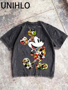Disney UNIHLO  Mickey    Printed Summer Heavyweight Retro Washed Street Fashion Casual T-Shirt - Black - View 2