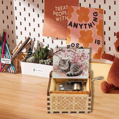 Cherry Blossom Cat Hand Crank Music Box - Wooden No Battery Musical Box For Girls Kids Cat Lovers Birthday Gift