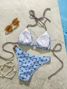 Bộ bikini chấm bi cổ điển dành cho nữ, màu xanh dương, đồ bơi thể thao, trang phục thường ngày/đi club/thanh lịch, phù hợp cho tiệc bể bơi, kỳ nghỉ, lễ hội âm nhạc, từ thành phố ra biển, phong cách Bohemian, kỳ nghỉ biển mùa xuân/hè 2023. - xanh nâu - Xem 3