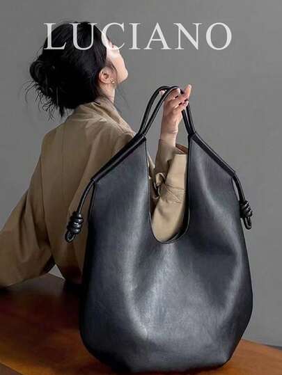 Bolso de mano de gran capacidad de estilo coreano minimalista casual de piel de PU negra, bolso de hombro con cordón retro, bolso de mano plegado multifuncional de alta gama, adecuado para chicas, estudiantes, trabajadores de oficina para uso diario, compras, escuela, viajes y otras ocasiones, espacioso