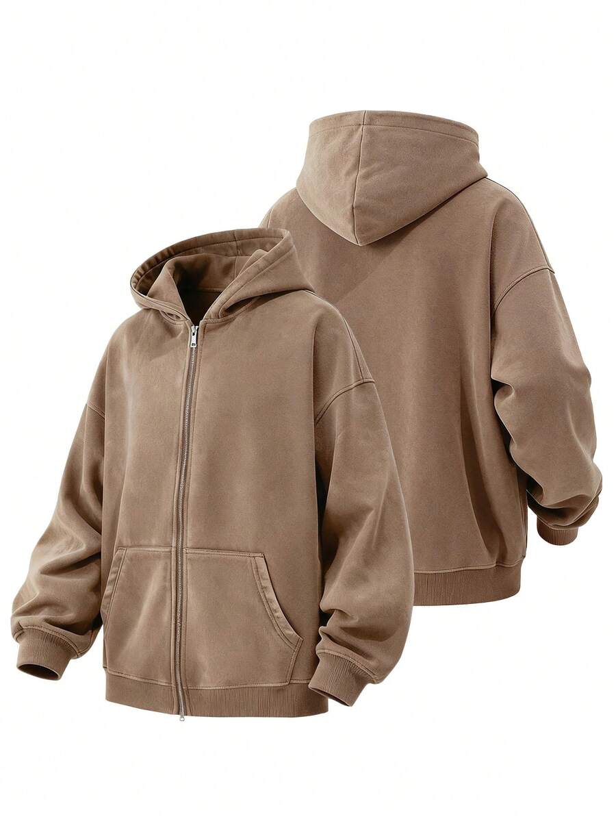 Men's Washed Cotton Cardigan Hoodie Slightly Stretch Breathable Loose Casual Hooded Jacket - 咖啡色 - 查看 1
