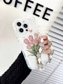 1pc Pink Tulip Bouquet Heart Pattern Transparent TPU Shockproof Phone Case With Wavy Edge Full Protection, Comes With Faux Pearl Rose Hanging Chain, Suitable Compatible With Apple 17/16/15/14/13/12/11 Pro/Pro Max/Plus, Gentle Girly Style - Clear - View 3