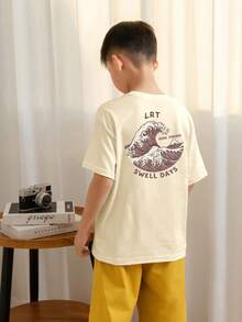 1件婴儿/幼儿男童创意卡通图案字母标语印花基本款圆领短袖T恤，休闲时尚 - 杏色 - 查看 2