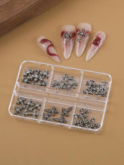 30pcs/Box Punk Retro 3D Cross Nail Art Decorations, 6 Styles Cross Fake Nail Stickers Nails