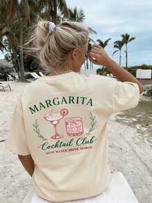 Women's Loose Beach Denim Style T-Shirt, Soft Breathable Round Neck Tee Printed With "Margaret Cocktail Club Save Water Drink Margarita" Design, INS Summer Aesthetic Street Style, Suitable For Beach Vacation, Pool Party, Singles Party And Girlfriend Gathering - Apricot - View 1