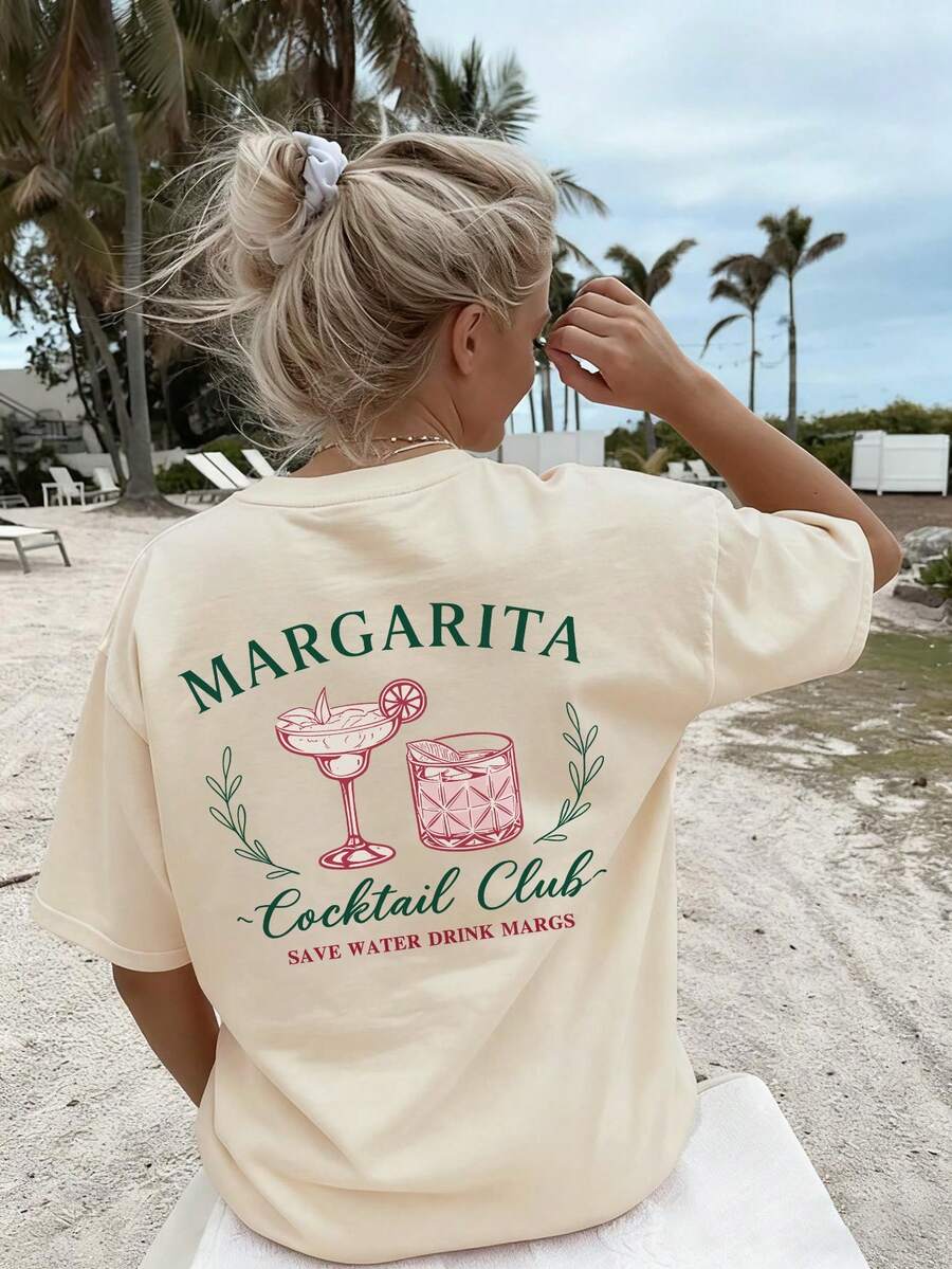 Women's Loose Beach Denim Style T-Shirt, Soft Breathable Round Neck Tee Printed With "Margaret Cocktail Club Save Water Drink Margarita" Design, INS Summer Aesthetic Street Style, Suitable For Beach Vacation, Pool Party, Singles Party And Girlfriend Gathering - Apricot - View 1
