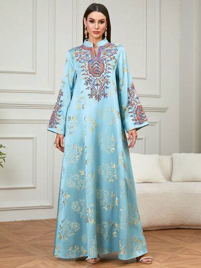 Đầm Jalabiya dài tay cổ chữ V thêu đính cườm thanh lịch dành cho nữ, thích hợp mặc trong dịp lễ Eid, hàng ngày và ở nhà.
