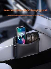 1pc Leather Car Storage Bag, Adhesive Car Phone Holder Organizer Pouch - Black-3096 - View 2