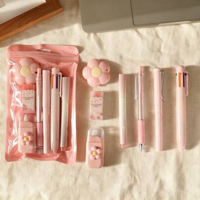 Back-To-School Season 7-In-1 Multifunctional Stationery Set – Available In Four Colors To Brighten Up Your Workday, Includes A Retractable Eraser, Highlighter, Ballpoint Pen, And Other Tools, Making It The Ideal 7-Piece Stationery Set For Creative Individuals!