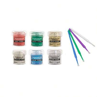 Cardmaking: Tinsel Heat Embossing - Ranger Glitter Tinsel Embossing Powders - 6 Item Bundle Gold Silver Red Blue Green Snowflake