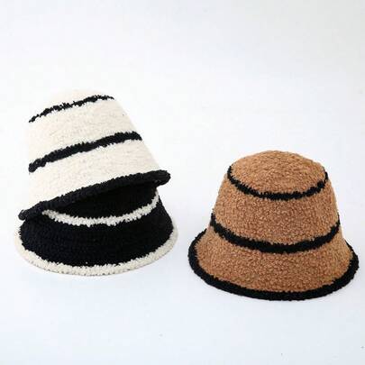 1pc Striped Casual Polyester Patchwork Warm Elegant Versatile Simple 3-Stripe Bucket Hat, Autumn/Winter