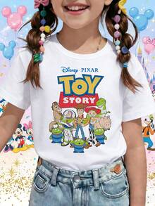 Disney Pixar Toy Story Classic Logo Woody Buzz Jessie Group Printed Pattern T-Shirts For Girls - Children's Clothing Design Short-Sleeved Casual And Cute Style Comfortable And Casual Wear All Year Round Suitable For Parties And Play Machine Washable Gift Children's Clothing Girls' Short-Sleeved Shirts - White - View 1