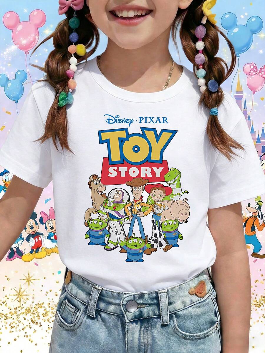 Disney Pixar Toy Story Classic Logo Woody Buzz Jessie Group Printed Pattern T-Shirts For Girls - Children's Clothing Design Short-Sleeved Casual And Cute Style Comfortable And Casual Wear All Year Round Suitable For Parties And Play Machine Washable Gift Children's Clothing Girls' Short-Sleeved Shirts - White - View 1