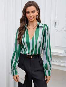 Blusa de satén a rayas versátil y de moda para mujer, con cierre de botones, adecuada para el uso en la oficina - Verde - Ver 5