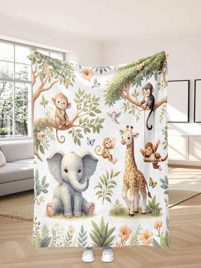 1pc Cute Elephant, Giraffe, Monkey Print Fleece Blanket, Skin-Friendly Non-Shedding, Suitable For Bedroom, Sofa, Office Nap, Hypoallergenic Soft Fabric, High-Definition Digital Printing, Versatile For Bedding, Camping, Car, Holiday Decor, Great Gift For Friends, Girlfriend, Birthday, Christmas, Design | Warm & Practical | Cozy Atmosphere