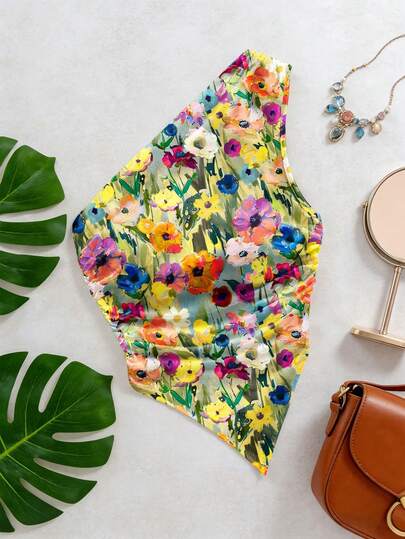 女士休闲不对称/不对称印花无袖上衣，适合海滩、音乐节、夏季度假等场合