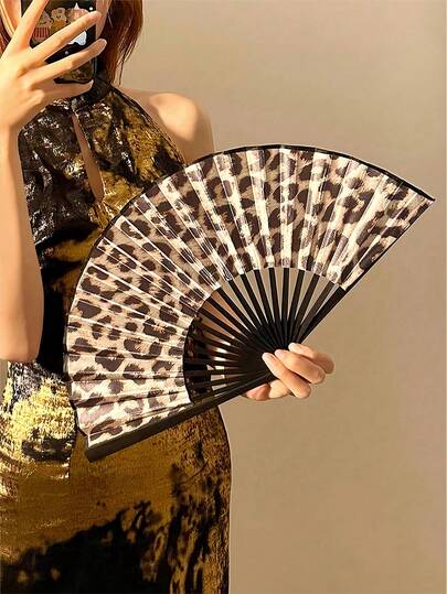 Elegant Leopard Print Folding Fan With Black Frame, Suitable For Party, Beach, Dance, Outdoor, Wedding, Daily Use, Lightweight And Portable For Women, Ideal Birthday Gift And Home Decor