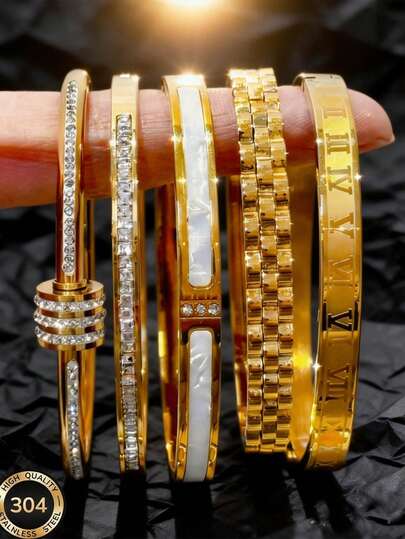 2026 New 5pcs/Set Unisex 18K Gold Plated Stainless Steel Bracelet Set, Unique Design, Fashionable And Versatile, Ideal Gift, Resistant To Discoloration. Suitable For Beach Vacation, Daily Wear, Street Gathering Outfits