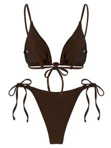 新款春夏性感优雅棕色纯色女士沙滩度假派对比基尼套装 - 棕色 - 查看 3