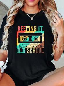 playeras de algodón mujer, Camiseta de casete conúsica retro de los 80, estilo clásico conjuntos de mujer tops - Negro - Ver 1