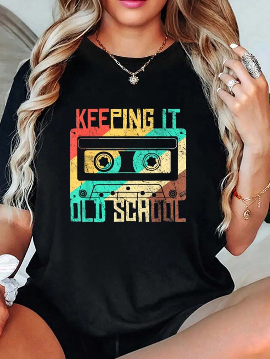 playeras de algodón mujer, Camiseta de casete conúsica retro de los 80, estilo clásico conjuntos de mujer tops - Negro - Ver 1