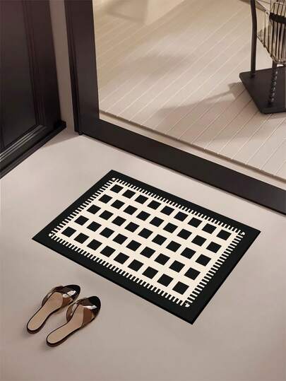 1pc Black Plaid Bathroom Mat, Minimalist Black And White Design, Rubber Anti-Slip Backing, Absorbent And Stain-Resistant, Suitable For Bathroom, Kitchen, And Entryway