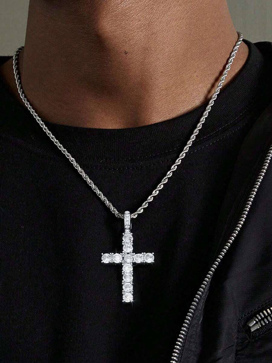 1pc Hip-Hop Cross Necklace, Inlaid With Rhinestones, Made Of Stainless Steel, Suitable For Both Men And Women, Simple And Stylish, With A High-End Feel. - Multicolor - View 1