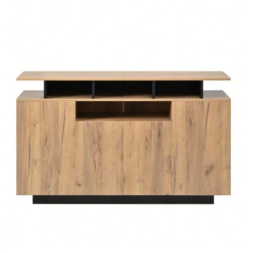 Cômoda/aparador – Com 4 portas e três compartimentos abertos – Para sala de estar, hall de entrada ou escritório – Cor natural, dimensões L140/P40/A85cm - Natural - Ver 1