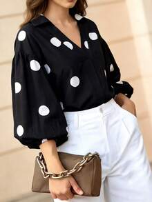 女士优雅度假及办公时尚灯笼袖纽扣V领波点印花衬衫，适合办公室及休闲穿着 - 春夏、海滩度假、夏季假期 黑色 - 黑色 - 查看 4