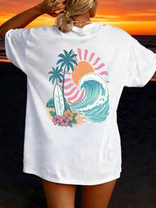 Women's Vintage T-Shirt With Palm Tree And Wave Pattern, Round Neck, Loose Beach Top For Summer, Casual Summer Tops. - White - View 4