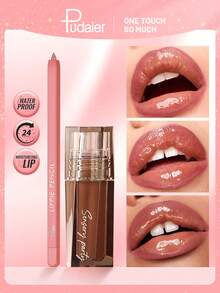 Pudaier 1 Lip Liner + 1 Lip Gloss Set, Long-Lasting Moisturizing, Smooth Application, Perfect Lip Lining, Suitable For All Skin Tones, Great Gift For Music Festivals, Parties, And Valentine's Day - 03+01 - View 1