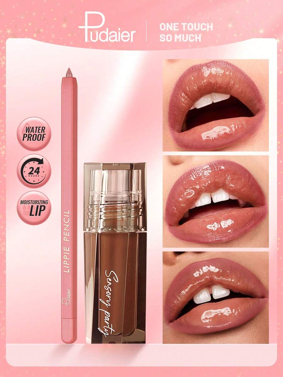 Pudaier 1 Lip Liner + 1 Lip Gloss Set, Long-Lasting Moisturizing, Smooth Application, Perfect Lip Lining, Suitable For All Skin Tones, Great Gift For Music Festivals, Parties, And Valentine's Day - 03+01 - View 1