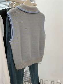 Women's Polo Collar Striped Inlaid Contrast Trim Button Sleeveless Knit Top, Casual Wear Summer - Gray and White - View 8