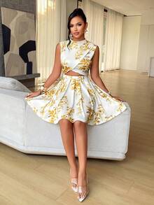 AIJ Amarilo Women'S White & Yellow Floral Print Cutout Mini Dress - Mock Neck Sleeveless Pleated Skirt, Sexy Beach Vacation Outfit, Summer - Yellow - View 6