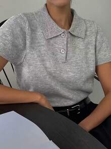 Women's Casual Summer Outfits Polo Collar Button Knit Sweater Short Sleeve Top Vacation - Grey - View 4