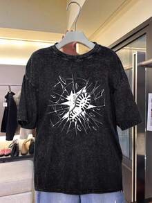 Camiseta unisex 100% algodón desgastada vintage, estampado gráfico estilo Y2K, look trendy y actual, tejido suave con gran comodidad, corte amplio, prenda versátil y perfecta para regalar. - Negro - Ver 3