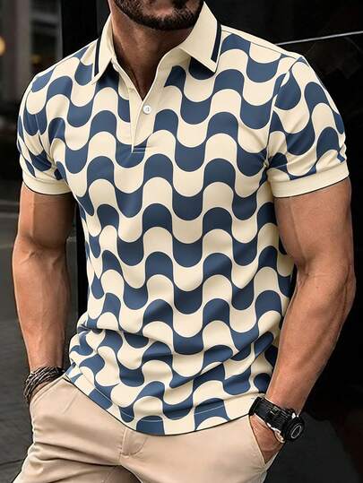夏季男士短袖波浪条纹Polo衫，100%聚酯纤维，休闲领高弹力Polo衫
