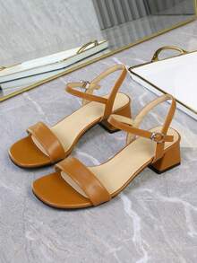 Wide Strap Buckle Chunky Heel Sandals, French Style Mid-Heel Sandals For Plus Size Women, Open Toe Ankle Strap Classic High Heel Fashionable Sandals - Khaki - View 8