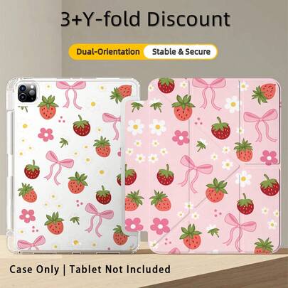 1pc 3+Y-Fold Tablet Case, Strawberry Bow Pattern, Multiple Support Methods, Compatible With Huawei MatePad SE 11", MatePad 11 Inch, MatePad Pro 12.2 2024, Honor Pad X9A 2025, Honor Pad 9, Honor Pad X9 Pro 2025, Pad 6, Pad SE 11", Pad 2 Pro 12", Pad 2 11", Galaxy