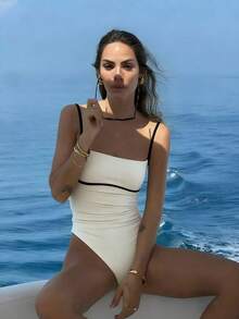 Áo tắm liền thân hai dây màu trắng co giãn cao cấp mới, thích hợp cho nữ, đi biển, nghỉ lễ, hẹn hò, dự tiệc. - trắng - Xem 6