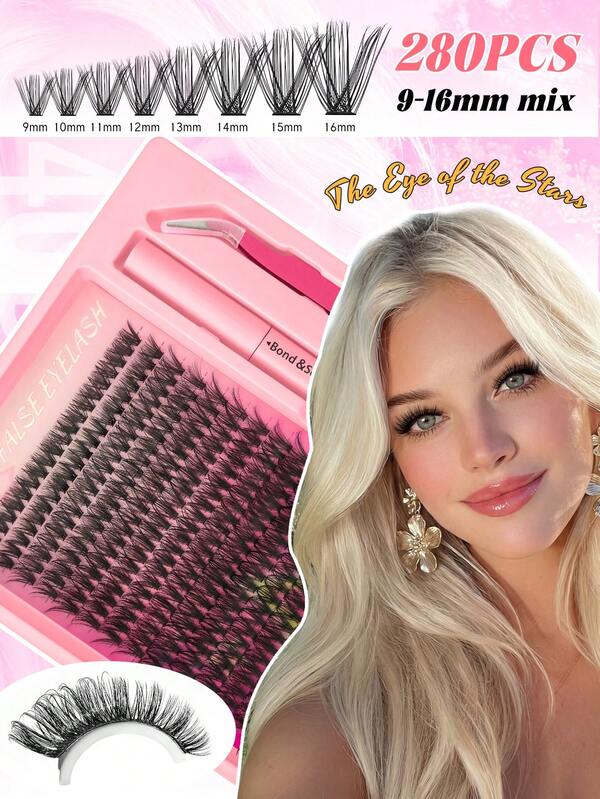 280 PCS, Naturally Comfortable DIY False Eyelash Glue Kit - 9-16mm, Suitable For Daily Wear, Dining, Parties, Anime/Villains/Long Lashes/Role-Playing/Dense Styling. The Kit Includes 40D False Eyelashes, Adhesive And Sealant, And Tweezers.
